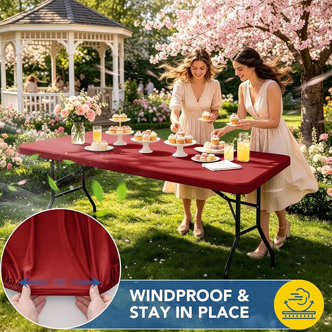 Fitted Tablecloth for 8 Foot Rectangle Tables-4 Pack Red Elastic Outdoor Picnic Table Cover-Spandex Stretch Christmas Table Cloths 8ft for Camping Dining Room Patio Kitchen Banquet Party