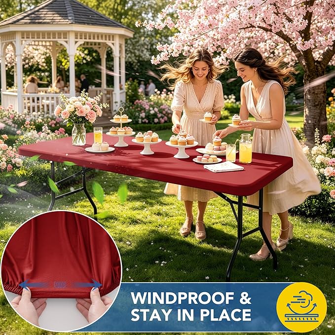 Fitted Tablecloth for 6 Foot Rectangle Tables-6 Pack Red Elastic Outdoor Picnic Table Cover-Spandex Stretch Christmas Table Cloths 6 ft for Camping Dining Room Patio Kitchen Banquet Party