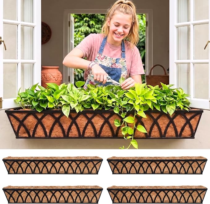 LaLaGreen Wall Planters (4 Pack, 48") Rectangular Black Metal Hanging Window Planter Box with Coco Liner, Flower Basket Plant Holder Attach House Outdoor Deck Railing Garden Patio Porch Balcony Fence