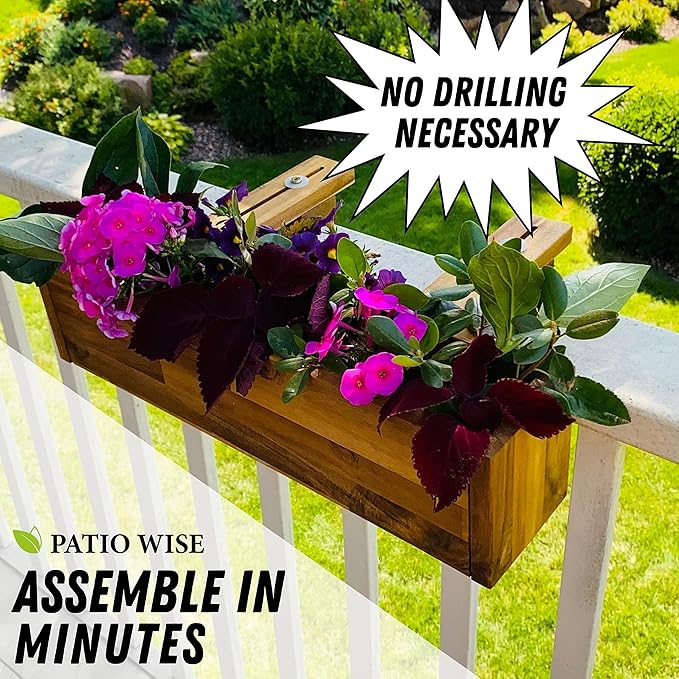 Patio Wise Acacia Wood Railing Planter Box, Outdoor Hanging Flower, Plant, & Herb Boxes, 20-Inch Wide x 5-Inch Tall x 4.5-Inch Deep Rectangular Porch, Deck, & Balcony Planters, Teak Color