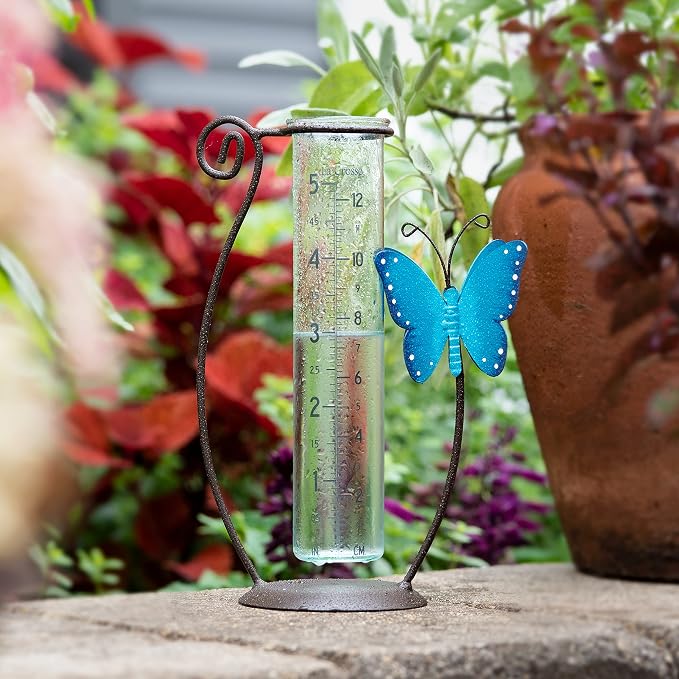 La Crosse 704-4645B 5 inch Capacity Glass Blue Butterfly Rain Gauge with Ground Rod