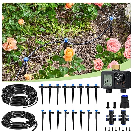 HIRALIY 82FT Drip Irrigation Kit with 2-Zone Garden Water Timer, Automatic Garden Watering System with Quick-Connect Drippers, Rechargeable Irrigation Timer Kit for Raised Beds, Patio, Greenhouse