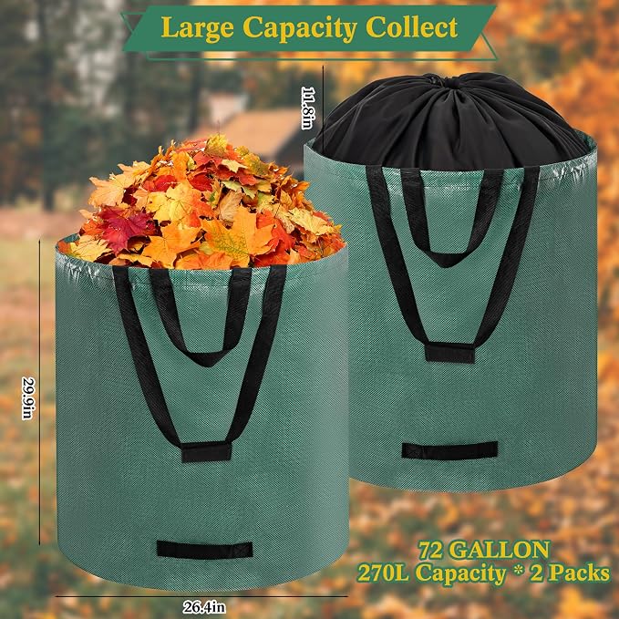 Reusable Yard Waste Bags, 2 Pack 72 Gallon Heavy Duty Lawn Leaf Garden Bag with Extension Layer, Handle & Shoulder Strap, Foldable Leaf Bags for Leaves Lawn Trash