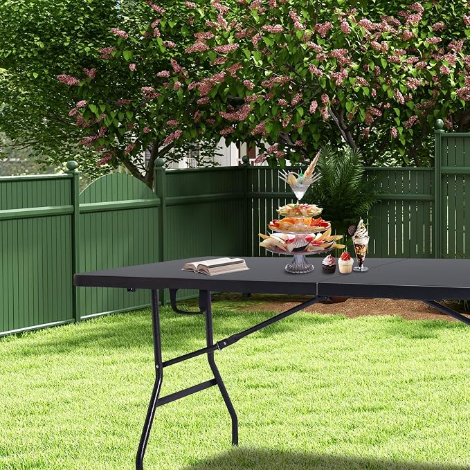 Byliable Folding Table 6ft Portable Heavy Duty Plastic Fold-in-Half 6 Foot Foldable Table Utility Dining Indoor Outdoor with Carrying Handle for Camping Picnic and Party, Black