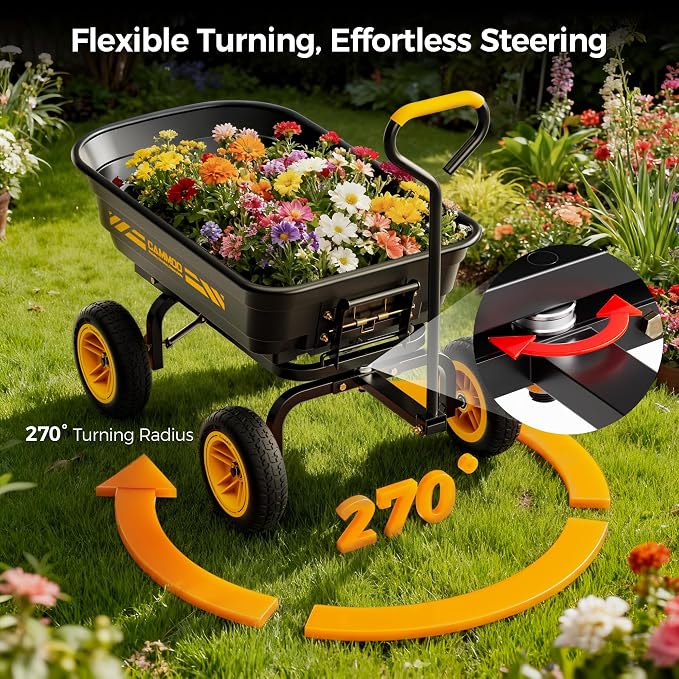 CAMMOO 10-in NO-FLAT TIRES 600lb Heavy-Duty Garden Dump Cart 4 Cu.Ft. Utility Wagon with Quick-Release Dumping & Prime Grade 100% Virgin Polypropylene - Not Recycled Material for Landscaping Gardening