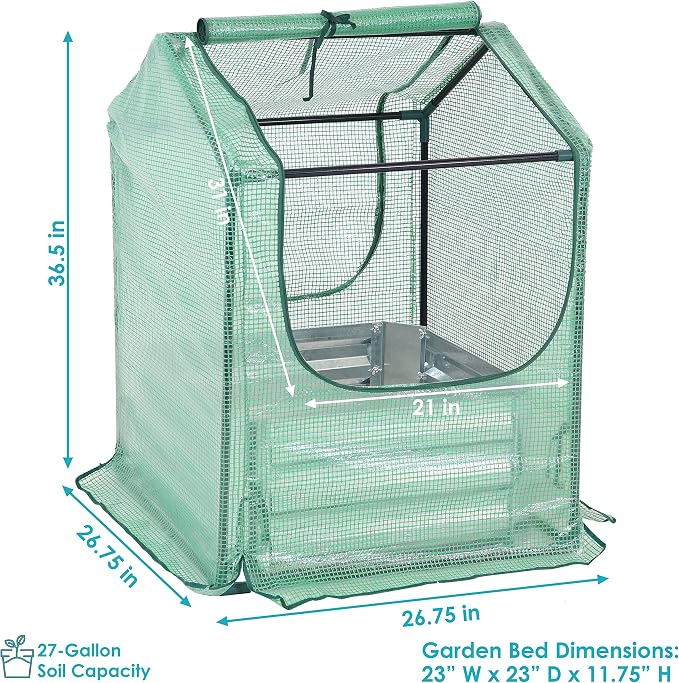 Sunnydaze Steel Raised Garden Bed with Mini Greenhouse - Outdoor Greenhouse Kit - 2 Zippered Doors - 2' x 2' - Green