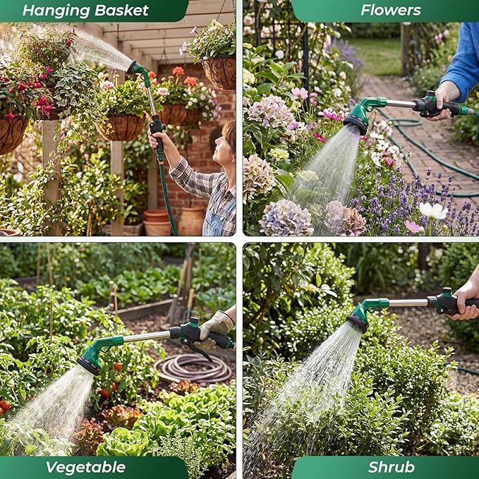 Hushee 2 Pack Garden Hose Watering Wand, 17.7 Inch Metal Watering Wand with 10 Spray Patterns and Shut Off Valve, Hose Sprayer Nozzle for Hanging Baskets Shrubs Plants Garden Lawn(Green)