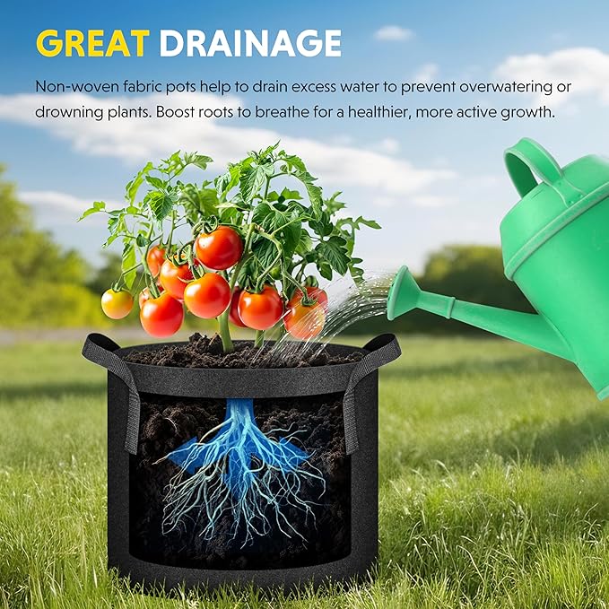iPower 5-Pack 25 Gallon Plant Grow Bags Thickened Nonwoven Aeration Fabric Pots Heavy Duty Durable Container, Strap Handles for Garden, Black