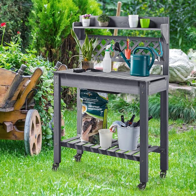 Topeakmart Potting Table Wood Workstation Table w/Sliding Tabletop w/Removable Dry Sink Storage Shelves Outdoor Garden Work Benches Station Planter Bench for Backyard Patio Gray