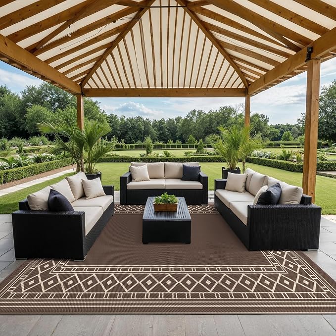 GENIMO Outdoor Rug Waterproof for Patio, 10'x14' Foldable Reversible Plastic Straw Carpet for Travel Trailers, Outside Area Mat for Rv, Deck, Picnic, Porch, Camper, Balcony, Beach, Coffee & Beige