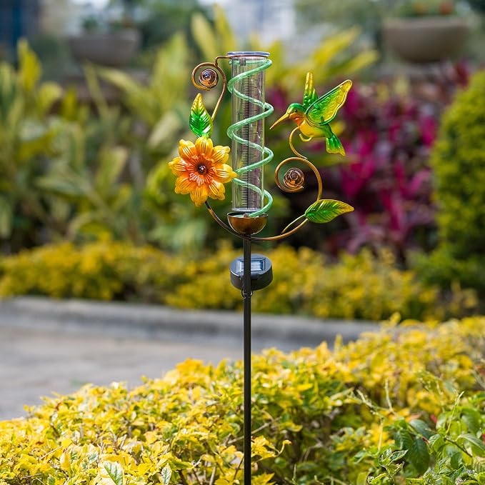Rain Gauge Outdoor, Solar Rain Gauges for Yard, Hummingbird Freeze Proof Rain Gauge with 7" Plastic Tube, Metal Decorative Water Gauge with Led Light