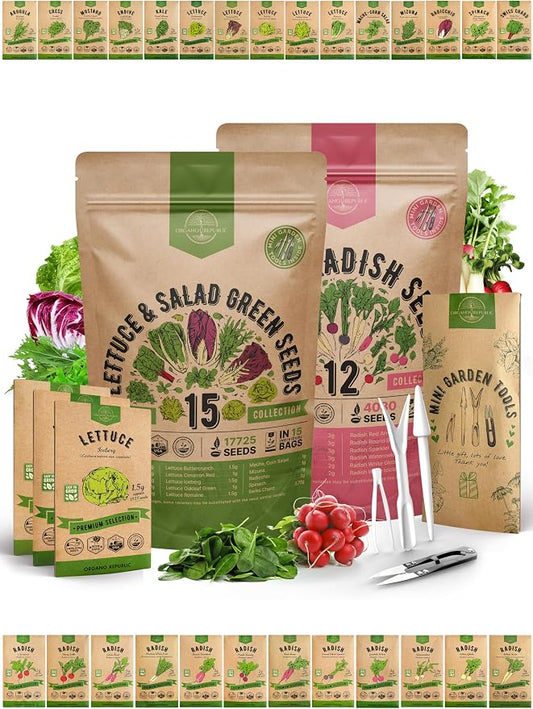 15 Lettuce & Greens and 12 Radish Seeds Variety Pack Bundle, 20,175+ Non-GMO Heirloom Garden Seeds for Planting Lettuce, Greens, and Radishes for Indoor & Outdoor Gardening