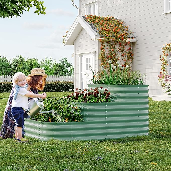 Garvee Galvanized Raised Garden Bed - 61x42x31 in Outdoor Planter Box for Vegetables, Herbs, Flowers. Modular 3-in-1 Raised Garden Beds Outdoor with Open Base, Garden Box for Deep Root Growth, Green