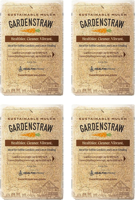 HealthiStraw GardenStraw, 3 cu ft (20 lbs) Pack of 4 – All-Natural Mulch for Gardens, Vegetables & Lawn Seeding – Water-Conserving Wheat Straw – Thoroughly Cleaned, Sustainable