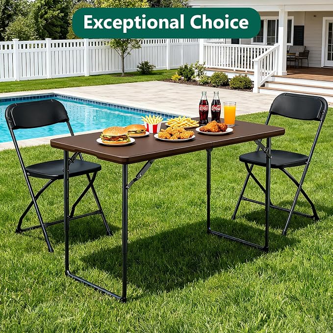Folding Table 4ft - Heavy Duty Fold-in-Half Plastic Table with Adjustable Height, Portable Utility Tables with Steel Legs for Indoor, Outdoor, Picnic, Camping, Dining, Party(Brown)