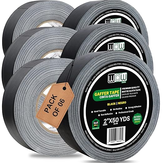 Wow Gaffers Tape 2 Inch Black - 50 Yards (Pack of 6), Residue Free, Non-Reflective & Heavy-Duty - Professional Grade Gaff Tape - Ideal for Photography Backdrop, Cables, Cords & Floor Taping…