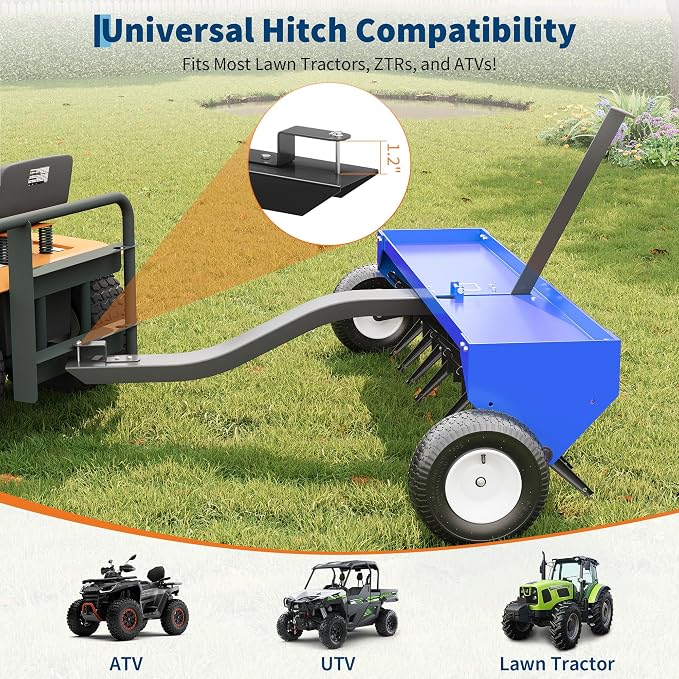 48 Inch Tow Behind Lawn Plug Aerator,100LBS Capacity Yard Aerator with Universal Hitch &10" Tires, Heavy Duty Aerator Lawn Tool Tow Behind, Steel Core Aerator for Garden Farm Yard Lawn Care