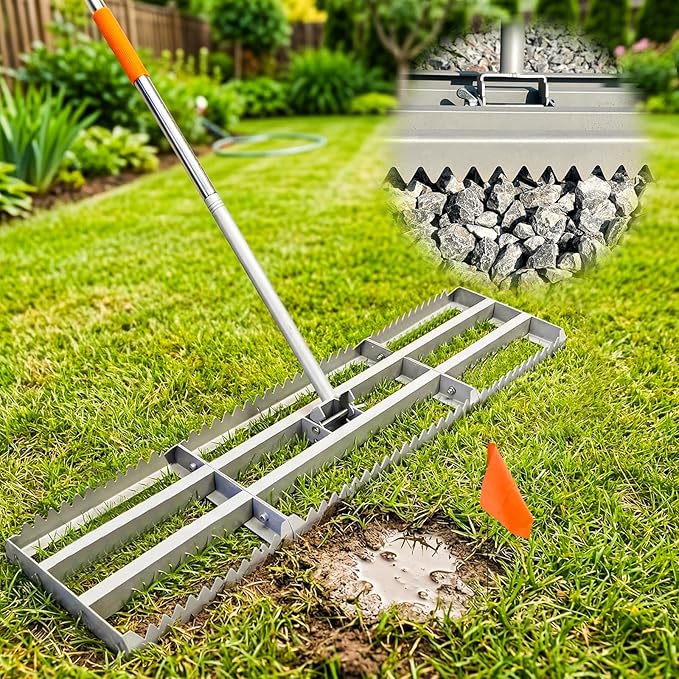 Lawn Leveling Rake, 2-in-1 Double-Sided Landscape Leveler with 20 Marking Flags for Low Spot, 48"×10” Heavy Duty Stainless Steel Flat & Serrated Side for Soil Sand Gravel, Yard Garden Golf Course