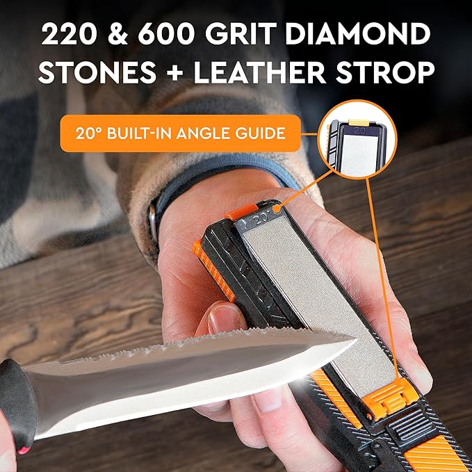 Orange Ninja Pocket Field Knife Sharpener – 8-in-1 Camping & Hunting EDC Knife Sharpener with Guided Diamond Whetstones, Leather Strop, Fire Starter & Diamond Rod