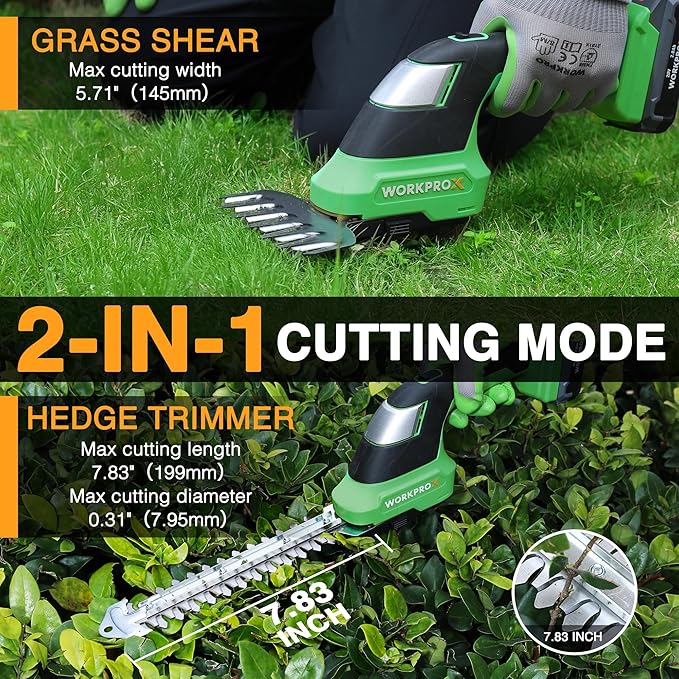 WORKPROX 20V Cordless Grass Shear & Shrubbery Trimmer - 2-in-1 Handheld Electric Grass Trimmer Hedge Shears/Grass Cutter with Tool Bag, Rechargeable Lithium-Ion Battery and Type-C Cable Included