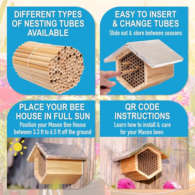 Rivajam Beekeeper Pro Mach II Mason Bee House - Strong + Waterproof Bee Hotel & Insect Habitat - Replaceable Mason Bee Tubes Filled Bee Houses for the Garden - Pollinator House Gardening Gifts