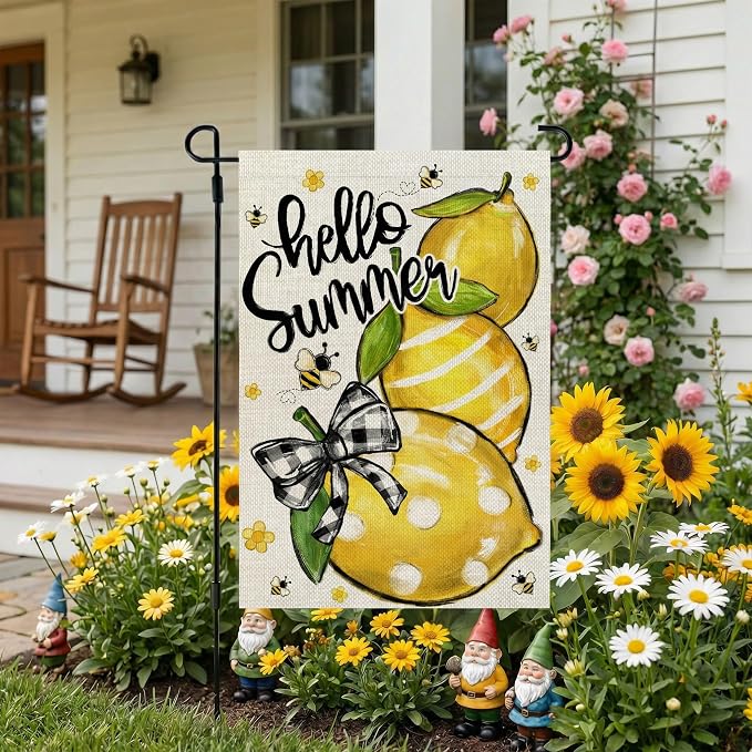 CROWNED BEAUTY Hello Summer Garden Flag Lemons 12x18 Inch Double Sided Small Yellow Floral Seasonal Holiday Decoration for Outside Yard