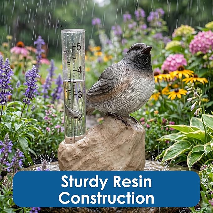 Gift Essentials Chickadee Decorative Rain Gauge Outdoor - Resin Bird Figurine on Rock Base - Removable Tube Measures Up to 5 Inches of Rainfall - Garden Decor Gift