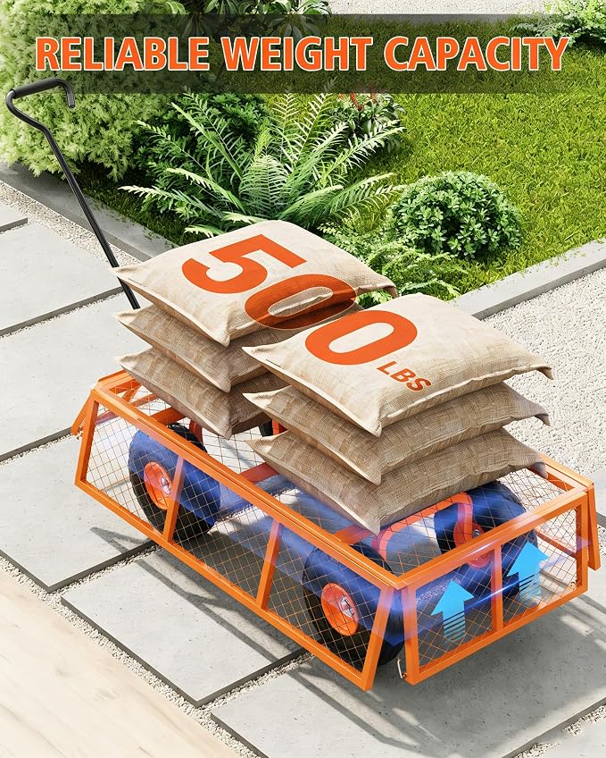 GarveeLife Heavy Duty Steel Garden Cart 500 LBS Capacity 3 in 1 Pullable Garden Wagon with 10 in Wheels for Gardening Soil, Tools, and Plant Transport