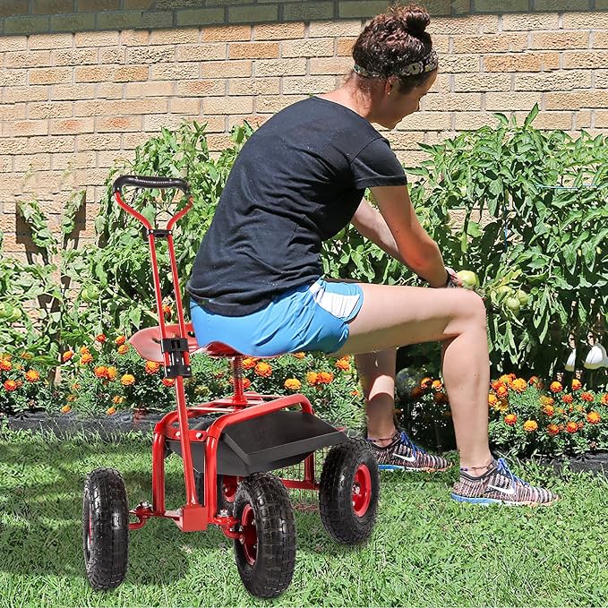 kinbor Garden Cart Rolling Scooter with Extendable Steering Handle, Swivel Seat & Utility Basket, Red