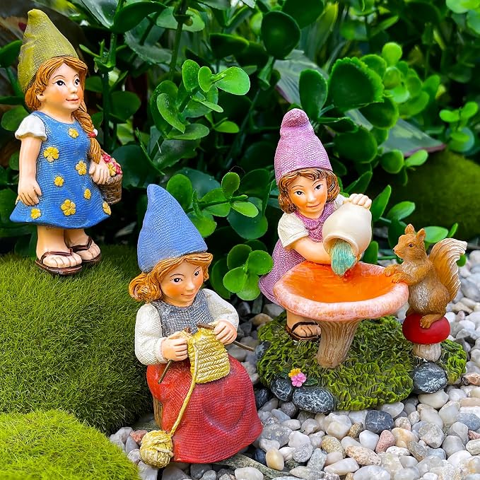 Mood Lab Garden Gnome Figurines - Lady Gnomes Set (3 pcs) - 3.5" H Miniature Decorative Statues & Accessories - Outdoor & Indoor Garden Decor
