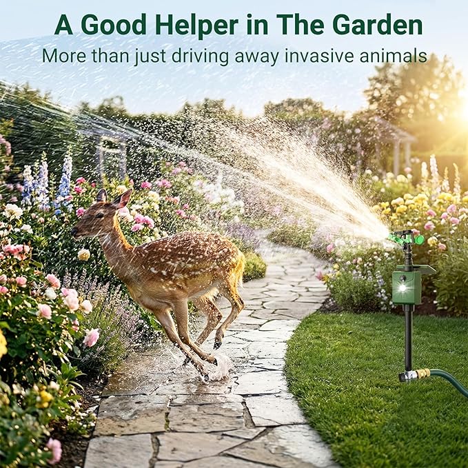 2 Packs Motion Activated Deer Repellent with Water Sprinkler, Solar Powered Cat Repellent Outdoor, IP65 Waterproof Deer Repellent Devices with Flashing Light, Deter Dogs Skunks Raccoons from Garden