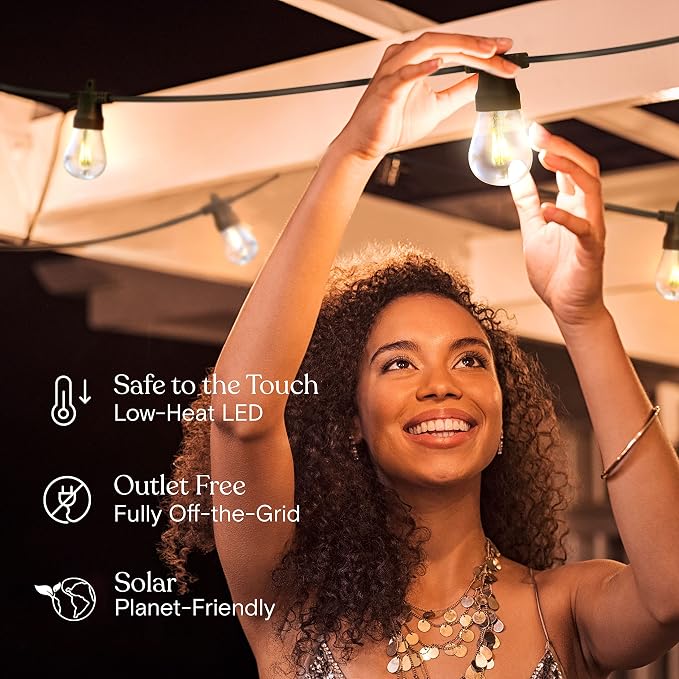 Brightech Ambience Pro Solar Powered Outdoor String Lights, 48ft Remote Control Commercial Grade Waterproof Patio Lights, 15 Edison Bulbs, Shatterproof LED String Lights for Outside - 1W Soft White