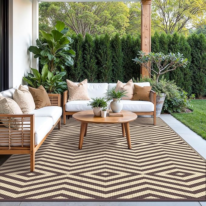 GENIMO Outdoor Rug for Patio Clearance, 6'x9' Reversible Plastic Straw Rugs, Lightweight Waterproof Modern RV Camping Mat for Camper, Balcony, Deck, Backyard, Picnic, Coffee Beige