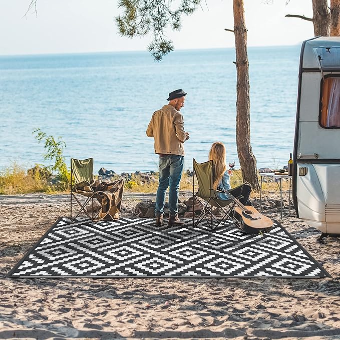 GENIMO 5'x8' Outdoor Rug Waterproof, Reversible Mats, Outdoor Area Rug, Plastic Outside Carpet, Geometric Rv Mat for Patio Camping Rv Picnic Backyard Deck Balcony Porch Beach Trailer (Black & White)