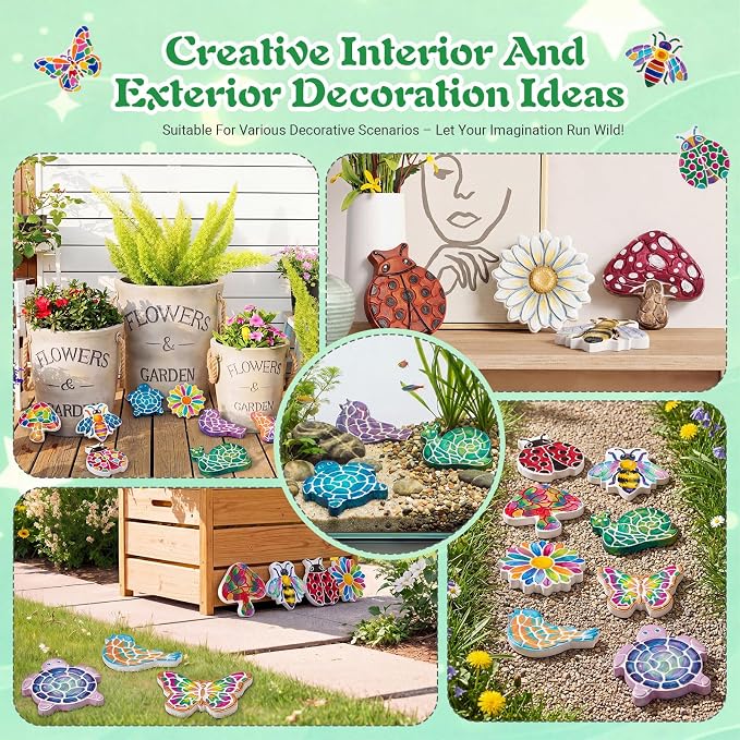Lewtemi 8 Pcs Paint Your Own Stepping Stones for Craft, DIY Plaster Stepping Stones Garden Decor Painting Art Set for Art Class, Summer Activities & Home Decor (Assorted Design)