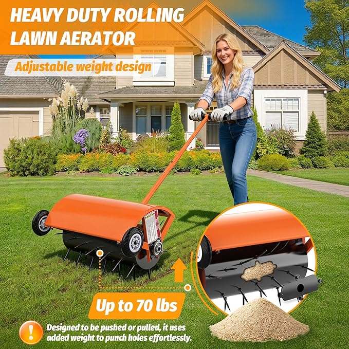 24 Inch Rolling Lawn Aerator, Heavy Duty Manual Aerator Tool, Up to 70 lbs, Push Spike Aeration Tool with 42 Spikes, Suitable for Lawns, Garden, and Yard Grass Aeration [Orange]
