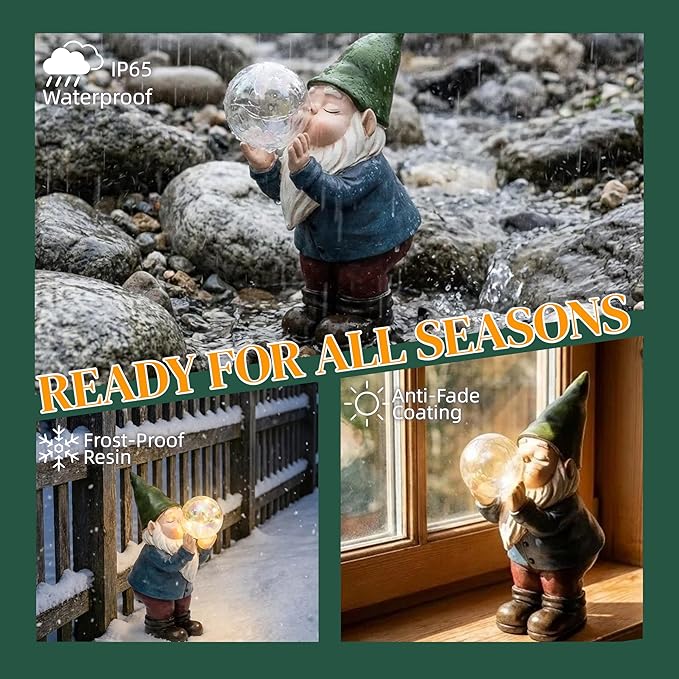 Solar Garden Gnome with Glowing Bubble Light | Waterproof Outdoor Statue for Patio, Yard & Garden Decor