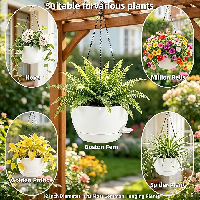 2 Pack 12" Self Watering Hanging Planters, White with Chains | Plastic hanging baskets with 43 Oz removable reservoir, for indoor outdoor plants, patio porch garden balcony decor