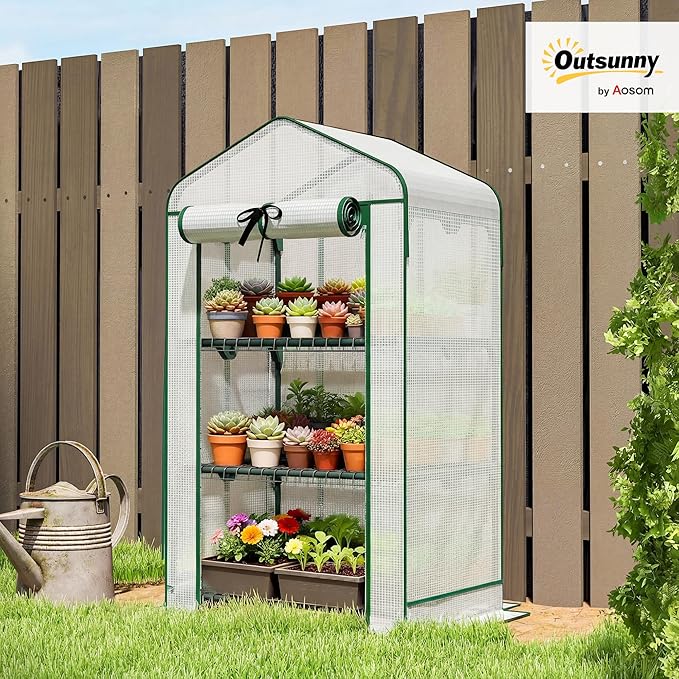 Outsunny 3 Tier Mini Greenhouse with Screen Roof, 27.6" x 19.7" x 50", Portable Small Greenhouse with High Strength PE Cover, Roll-Up Zipper Door for Garden Yard Backyard, White