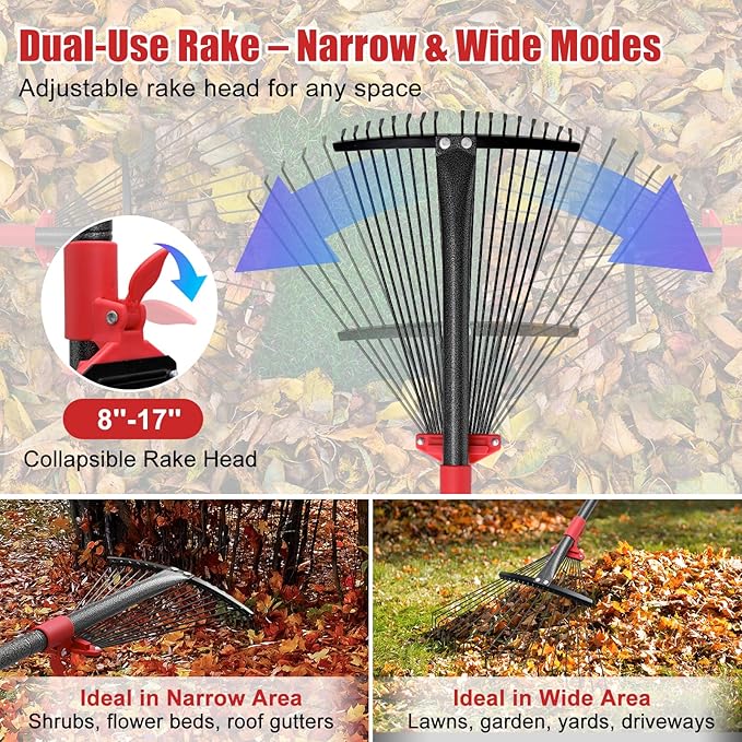 Adjustable Leaf Rake - Metal Garden Rake with 8"-17" Expandable Head, 70" Long Handle, Lightweight Collapsible Design for Leaves & Pine Needles,Lightweight for Flower Beds,Yard, Shrubs,Camping