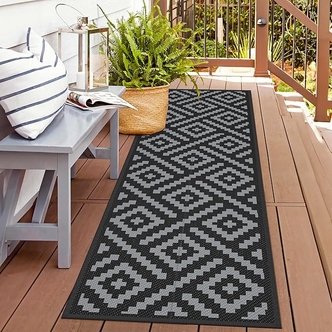 GENIMO Outdoor Rugs 2.5'x8' Waterproof, Reversible Mats, Outdoor Area Rug, Plastic Outside Carpet, Eeometric Rv Mat for Patio Camping Rv Picnic Backyard Deck Balcony Porch Beach (Black & Grey)