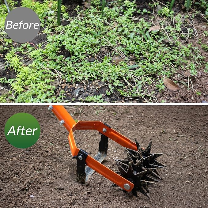 Walensee Rotary Cultivator Garden Tool, Adjustable Long Handle Hand Tiller with Star-Shaped Rolling Tines, 2-in-1 Weeder & Soil Aerator for Lawn Care, Reseeding Grass, Soil Mixing, Manual Yard Tiller