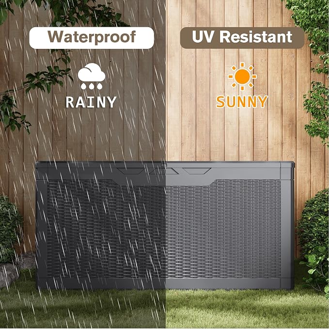 JUMMICO 100 Gallon Resin Deck Box, Waterproof Outdoor Storage Box with Lockable Lid for Garden Tools, Patio Cushions (Gray)