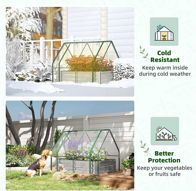 Outsunny 4 x 3 x 3ft Raised Garden Bed with Mini Greenhouse, Galvanized Raised Garden Bed with Cover for Herbs and Vegetables, Small Greenhouse for Patio Garden Balcony, Clear and Gray