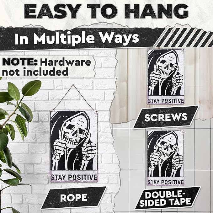 Stay Positive Skull Tin Sign – Retro Funny Wall Art 8×12 Inch | Vintage Metal Skull Decor for Man Cave, Bar, Bedroom, Garage or Office, Goth Home Decor – Indoor and Outdoor Use, Unique Gift Idea
