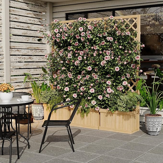Cedar Privacy Screen with Planter Box - 3-Panel Freestanding Garden Fence, 62 in x10 in x65 in Tall Outdoor Divider with Drain Holes & Raised Bed for Patio, Deck & Backyard (Natural Wood)