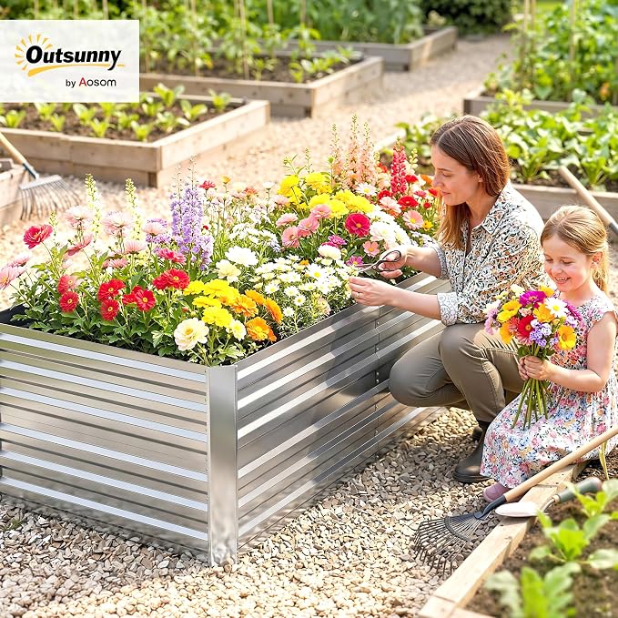 Outsunny Galvanized Raised Garden Bed Kit with Reinforcing Bars, Large and Tall Metal Planter Box for Vegetables, Flowers and Herbs, 6' x 3' x 2', Silver