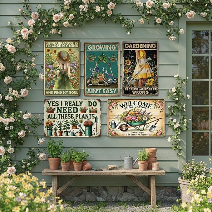 Vintage Metal Sign, Metal Wall Art, Funny Bar Signs, Motivational Positive Affirmations Wall Decor, Funny Tin Signs for Home Office School Gym & Locker Room 8x12 Inch (5Pcs Funny Metal Garden Sign)