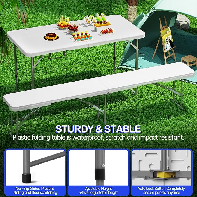 VSOAEIL Folding Table 4 Foot for Indoor Outdoor, Portable Heavy Duty Fold-in-Half Utility Small Plastic Adjustable Height Folding with Carrying Handle for Picnic and Party, White