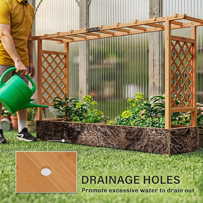 Outsunny Raised Garden Bed with Trellis, Wooden Planter Box with Drainage Holes and Hanging Roof, Outdoor Flowers Box for Herbs, Vegetables, Climbing Plants, 78.7" x 17.3" x 44.7"